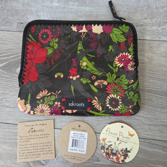 The SAK Sakroots Artist Circle Tablet Sleeve Black Flower Power Zip Eco-Friendly - Picture 1 of 9